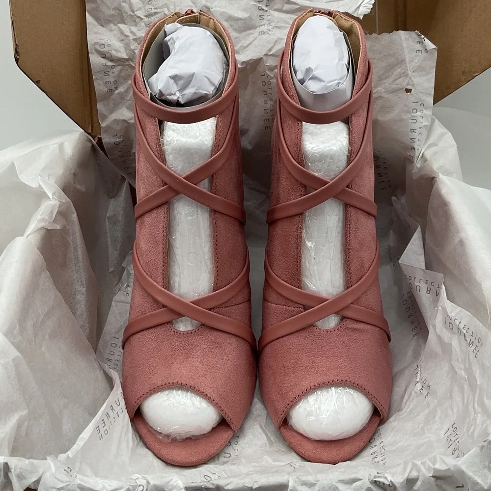 Journee Collection Samara Blush‎ Pink Faux Suede Peep Toe Strappy Stiletto Heels